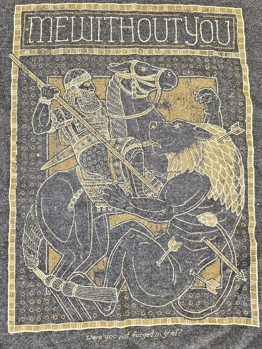MEWITHOUTYOU Graphic Tee — Gold and Charcoal Mythic Battle Design